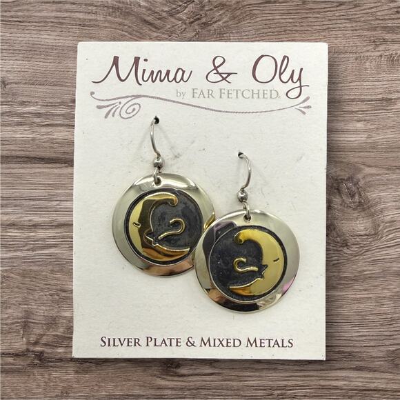 Far Fetched Sleeping Moon Dangle Earrings Silver Plated Ear Hooks - Picture 1 of 3